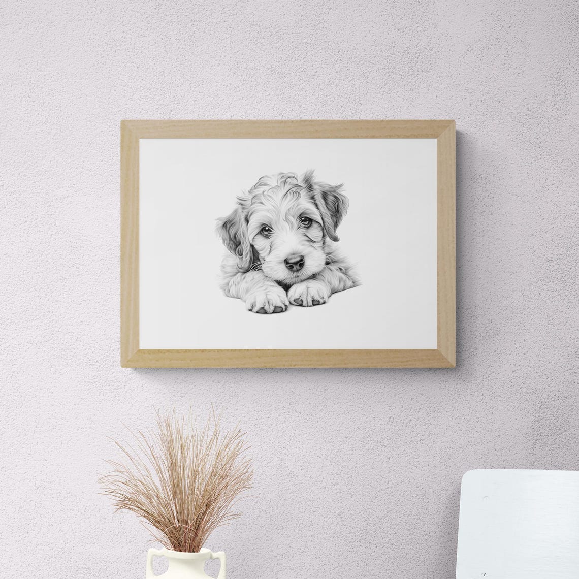 Jackapoo Puppy Pencil Sketch Adorable Cute Curly Doodle Dog Print - Image 2