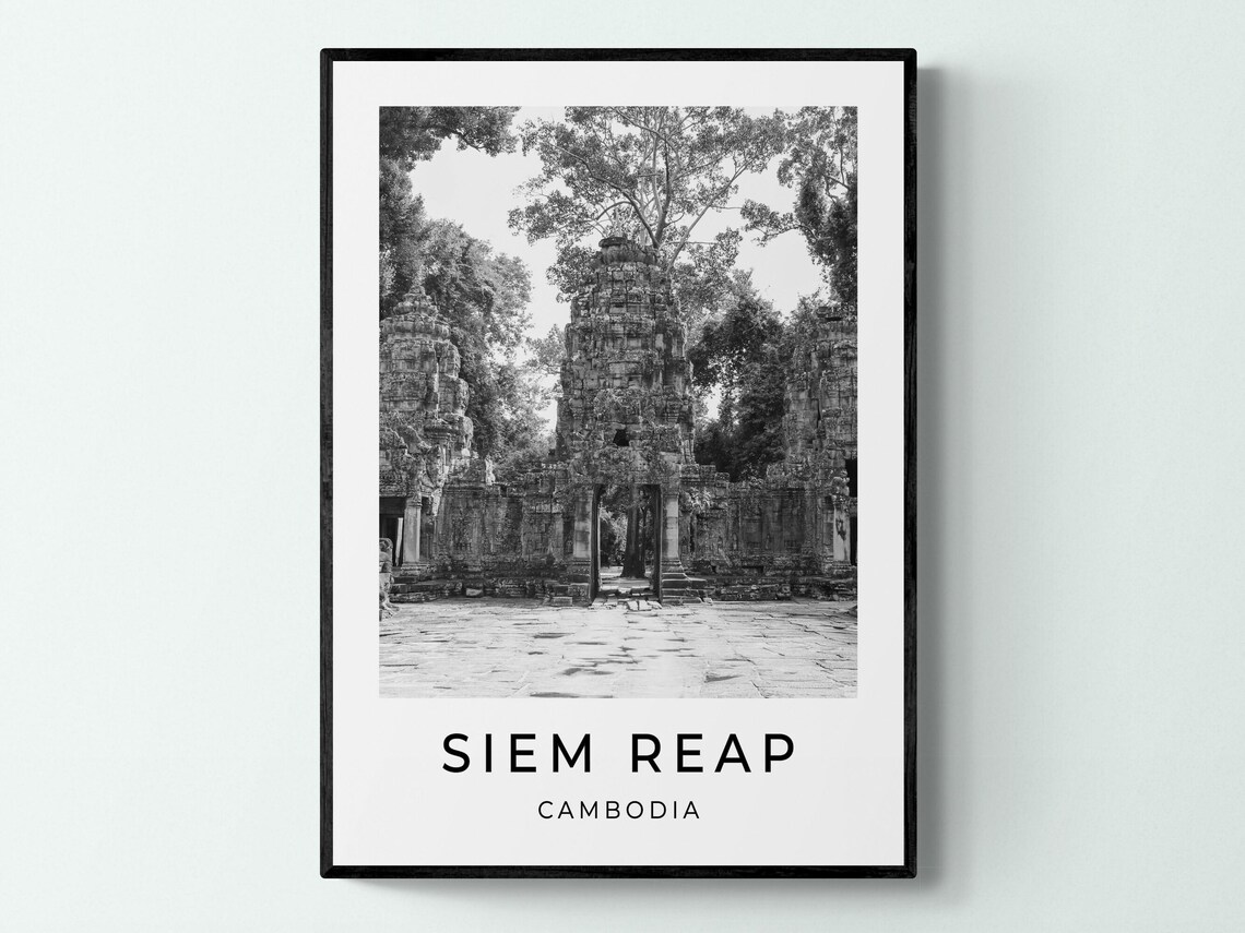 Siem Reap Cambodia Angkor Wat Temple Ruins Monochrome Travel Poster