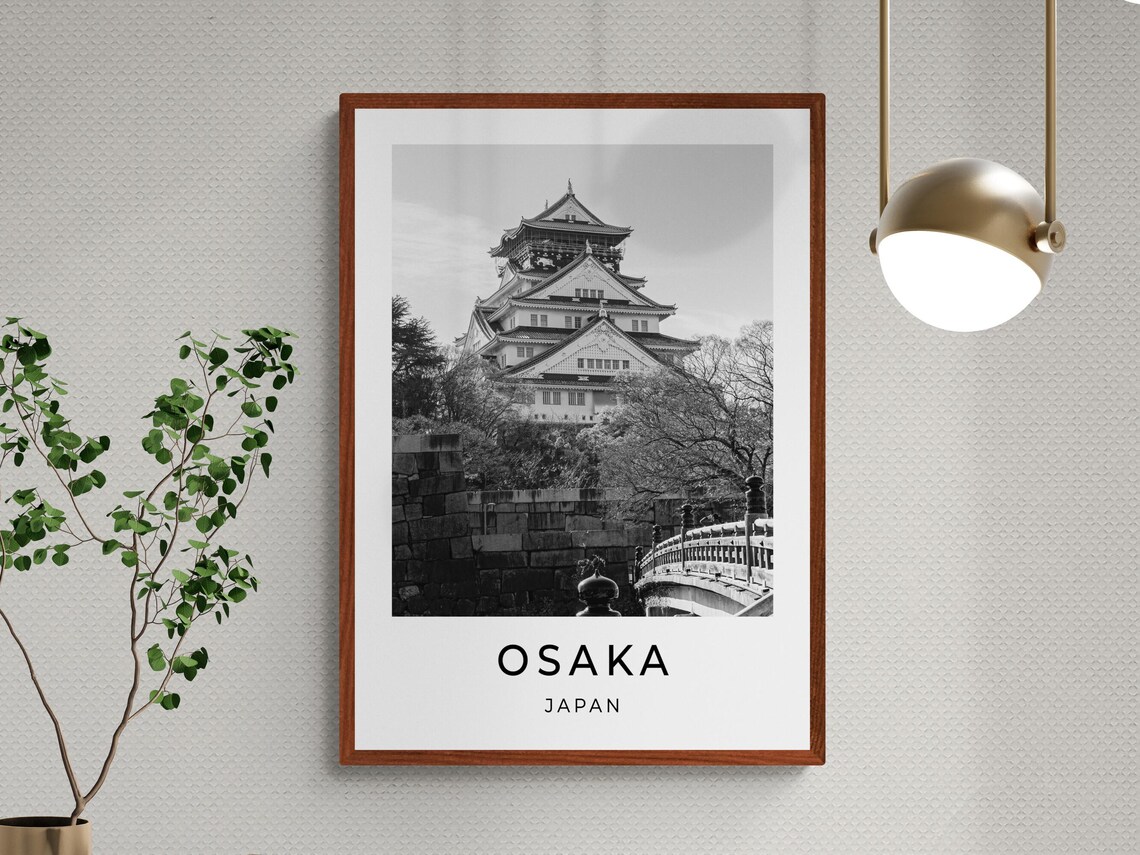 Osaka Japan Castle Moat Bridge Historic Monochrome Travel Poster - Image 3