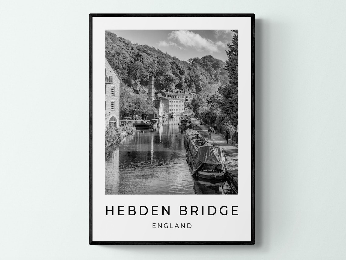 Hebden Bridge England Canal Narrowboats Black And White Travel Poster