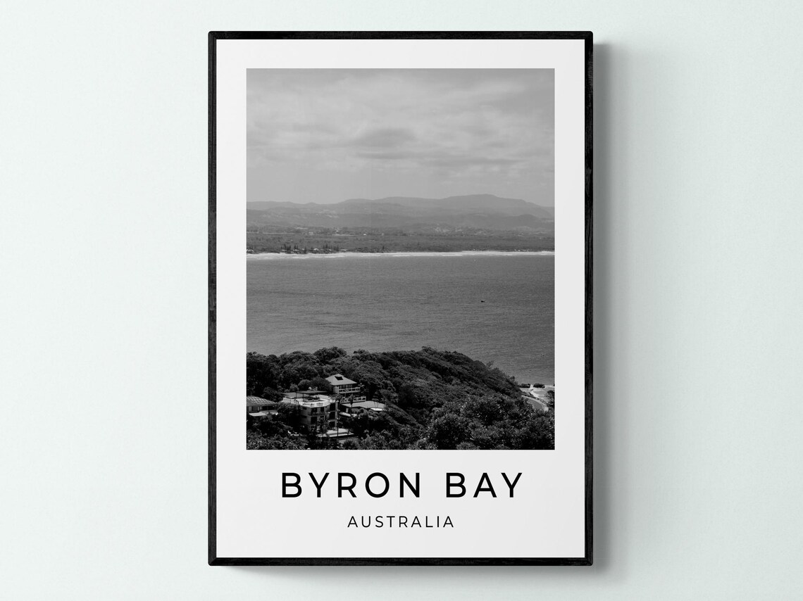 Byron Bay Australia Coast Headland View Black White Travel Poster