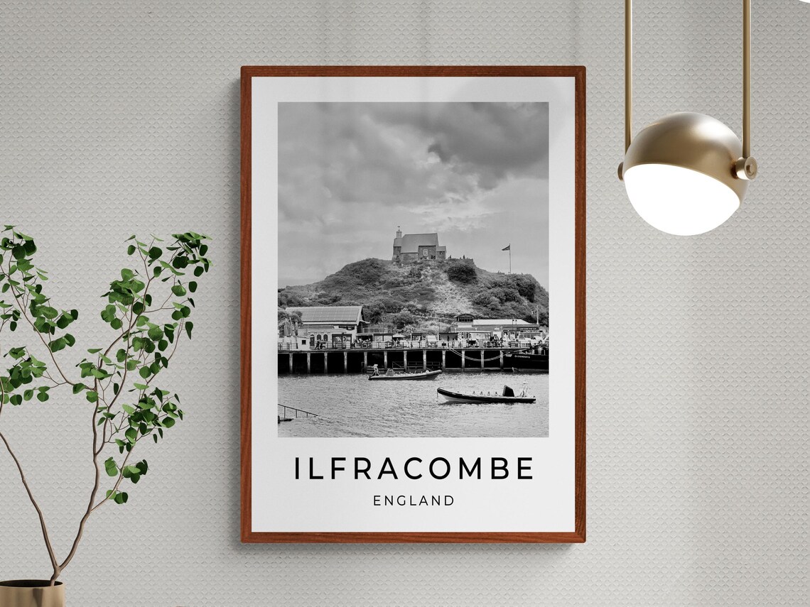 Ilfracombe England Chapel On The Hill Above Harbor Boats View Poster - Image 3