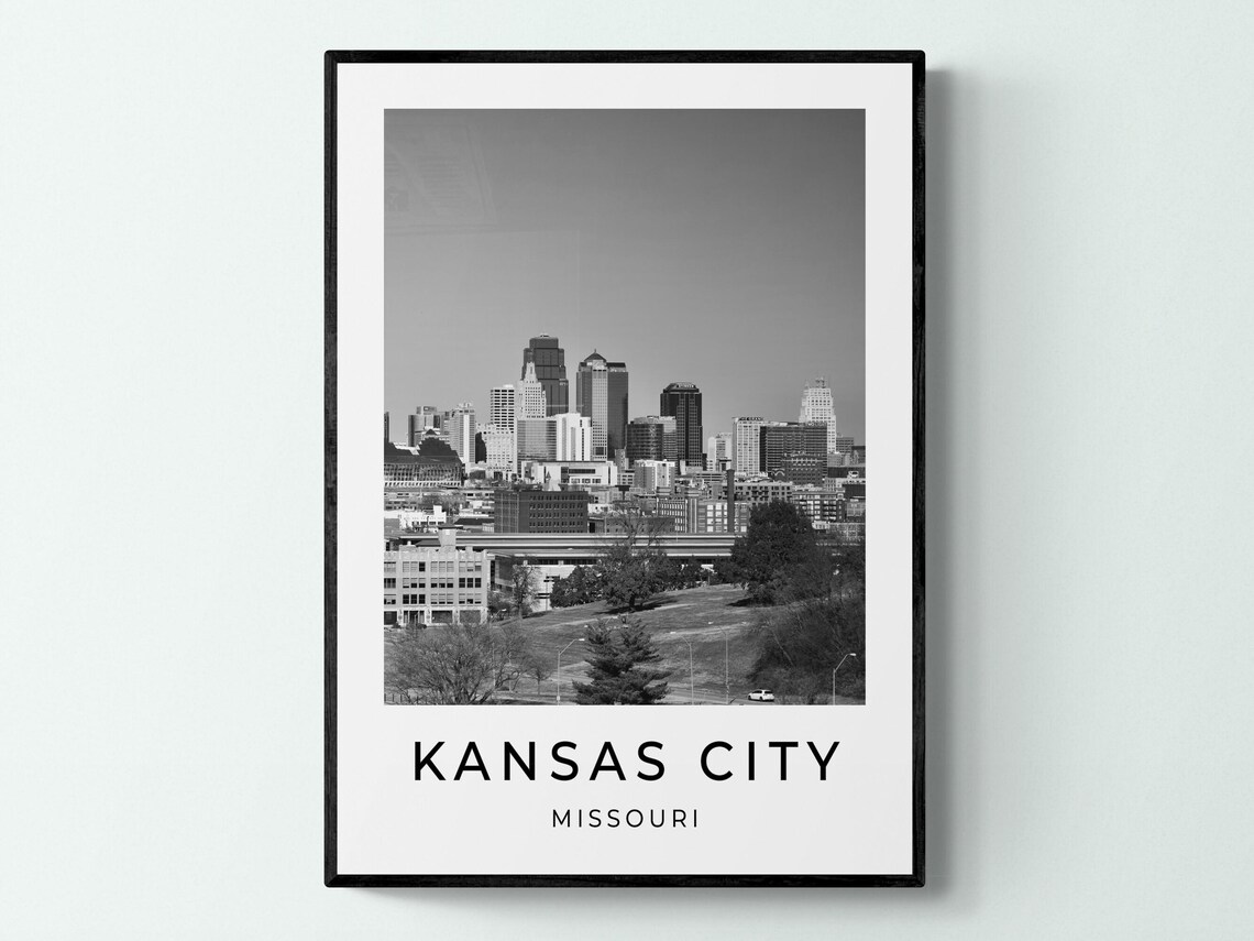 Kansas City Missouri Downtown Skyline Black White Travel Poster