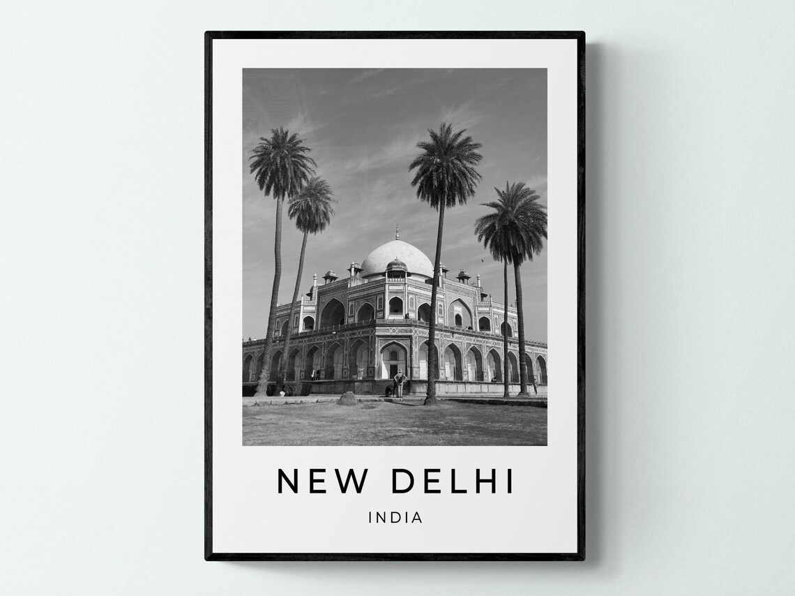 New Delhi India Humayun's Tomb Palm Trees Monochrome Travel Poster