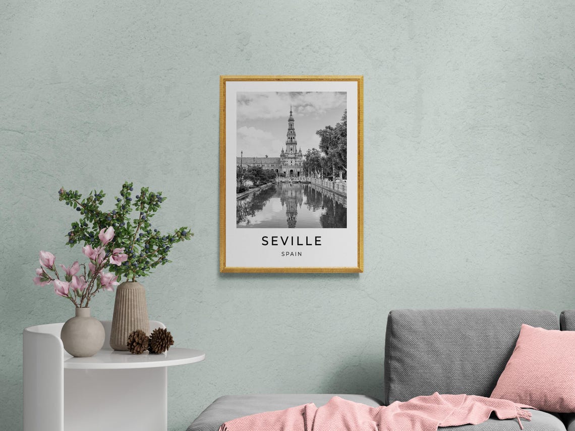 Seville Spain Plaza de Espana Canal Reflection Black White Poster - Image 2