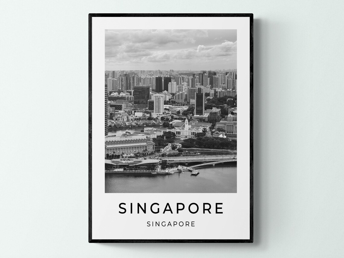 Singapore City Skyline Bay Waterfront Panorama View Black White Poster