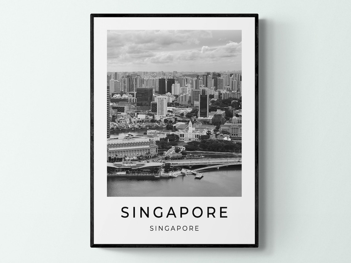 Singapore Skyline Black White Cityscape Waterfront Travel Poster