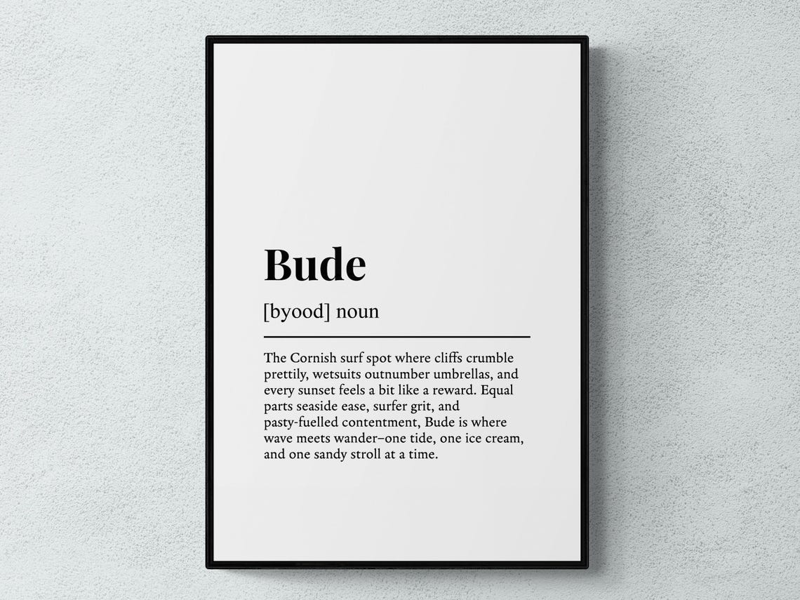 Bude Cornwall Surf Town Definition Dictionary Typography Travel Poster