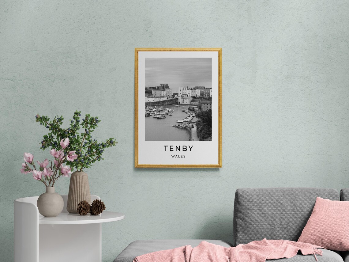 Tenby Wales Harbor Boats Pastel Terrace Houses Seaside View Poster - Image 2