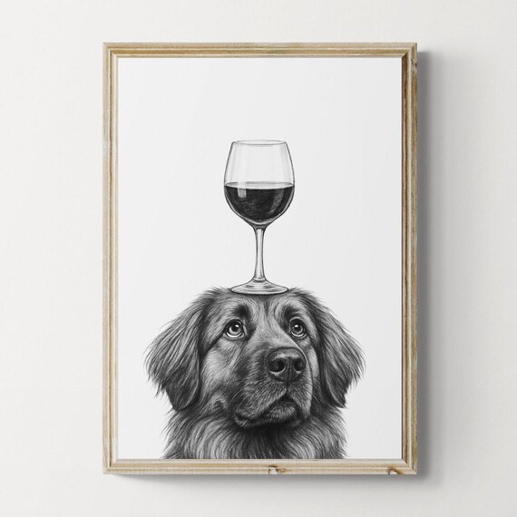 Leonberger Dog Art Print Funny And Wine Drawing Lover Wall Decor Lovers Gifts
