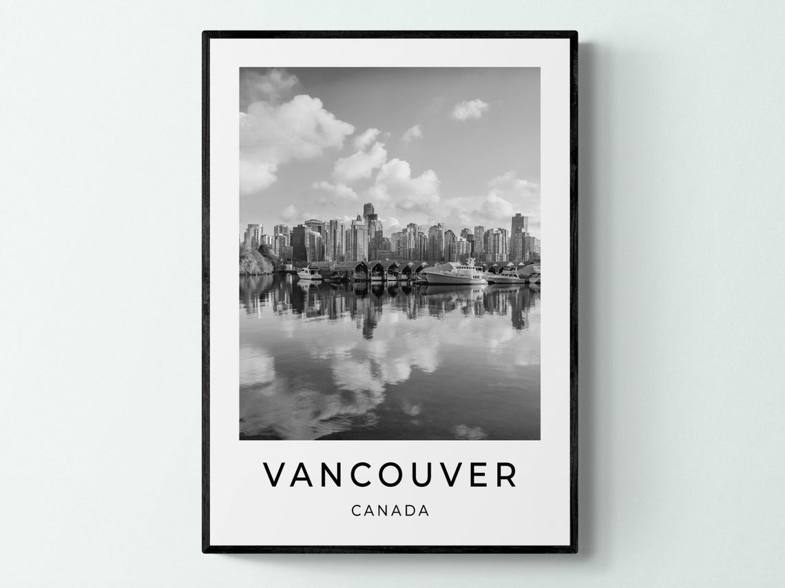 Vancouver Canada Harbor Skyline Reflection Black And White City Poster