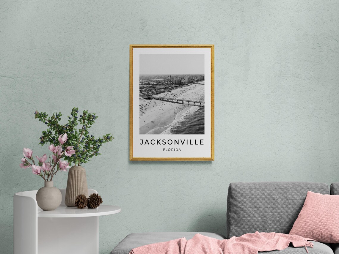 Jacksonville Florida Beach Pier Aerial Coastline Monochrome Poster - Image 2