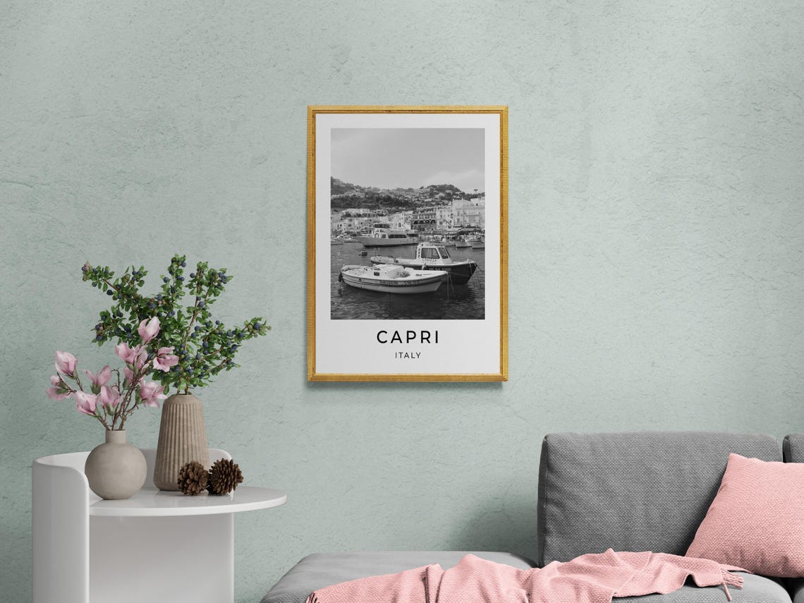 Capri Italy Marina Grande Harbor Boats Black and White Travel Poster - Image 2