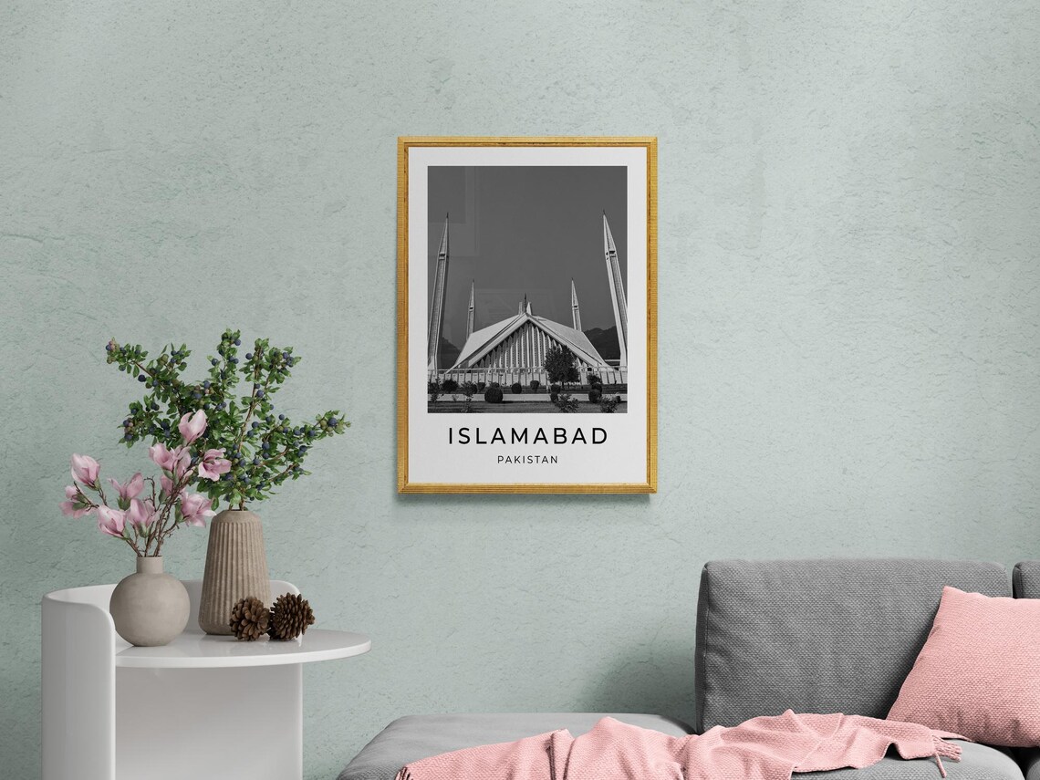 Islamabad Pakistan Faisal Mosque Tent Roof Minarets Black White Poster - Image 2