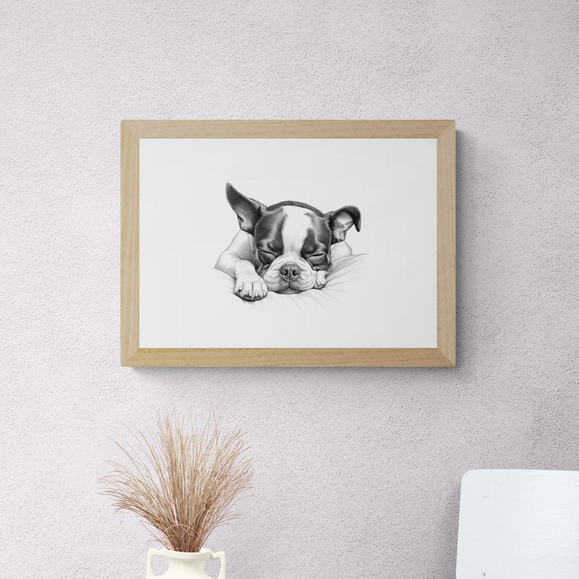 Boston Terrier Puppy Sleeping Vintage Pencil Sketch Dog Breed Wall Art - Image 2