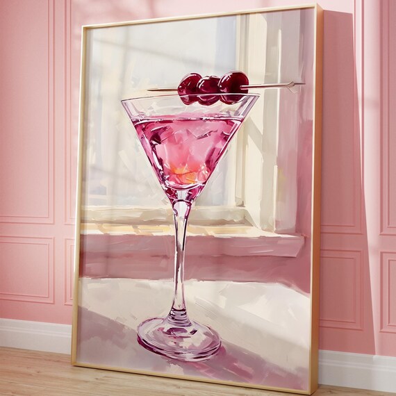 Pink Cherry Cocktail Martini Glass Watercolor Painting Bar Cart Poster