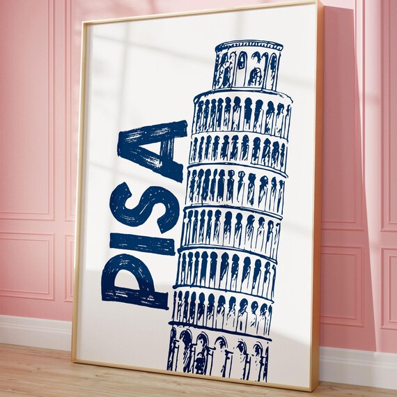 Pisa Leaning Tower Poster Navy Blue Line Art Italy Trendy Travel Decor