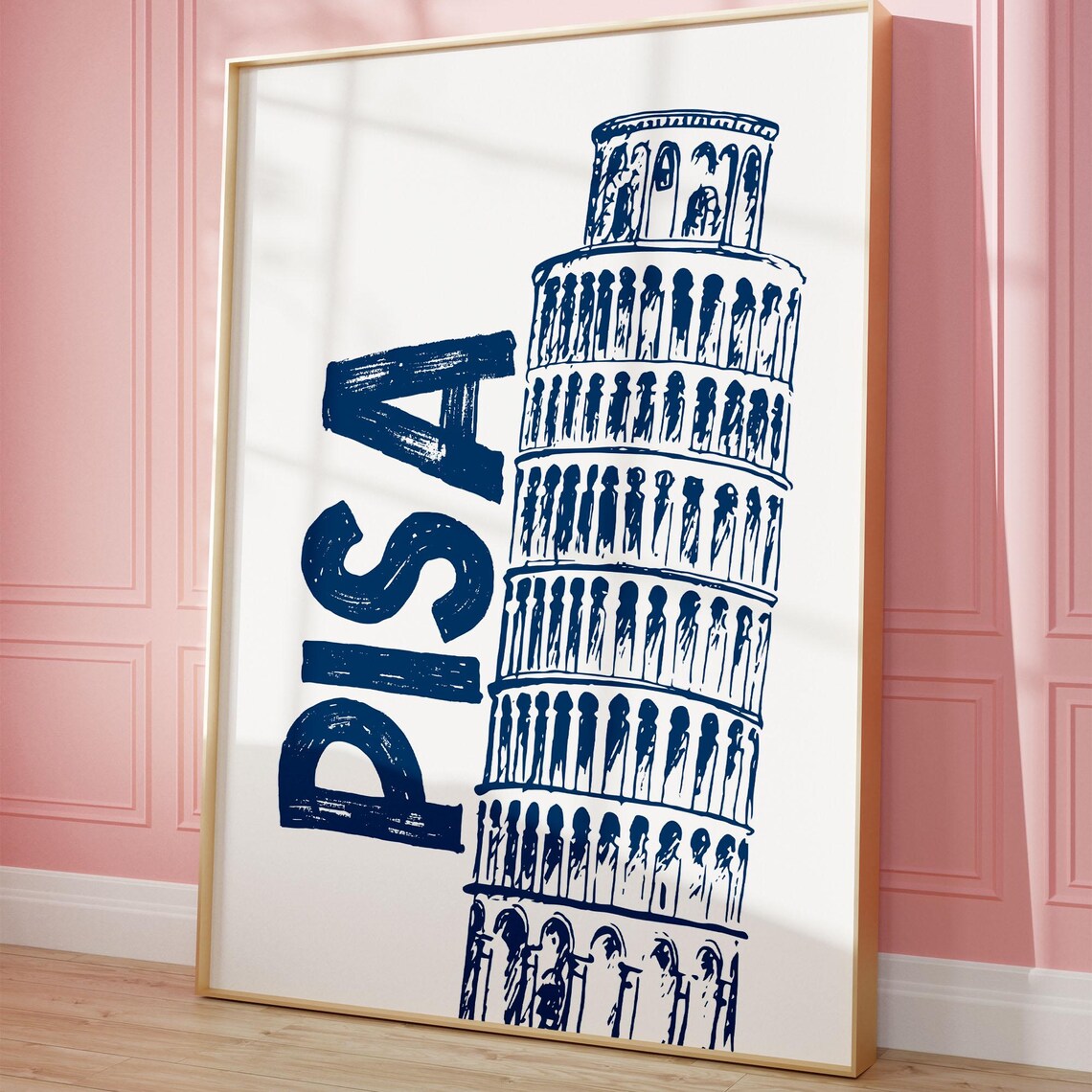 Pisa Leaning Tower Poster Navy Blue Line Art Italy Trendy Travel Decor