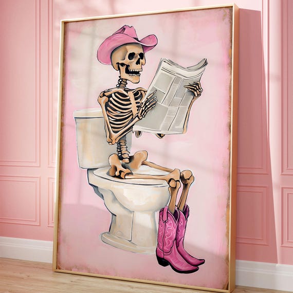 Vintage Bathroom Skeleton Halloween Print Funny Pink Cowgirl Poster Trendy Wall Art College Dorm Apartment