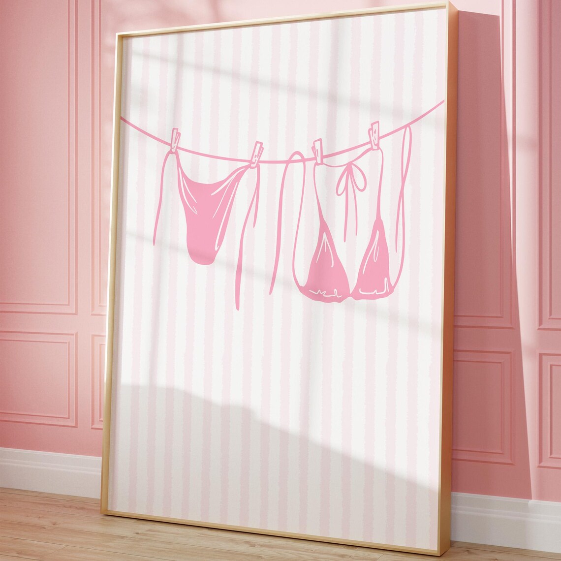 Pink Bikini Clothesline Art Print, Coastal Beach Decor