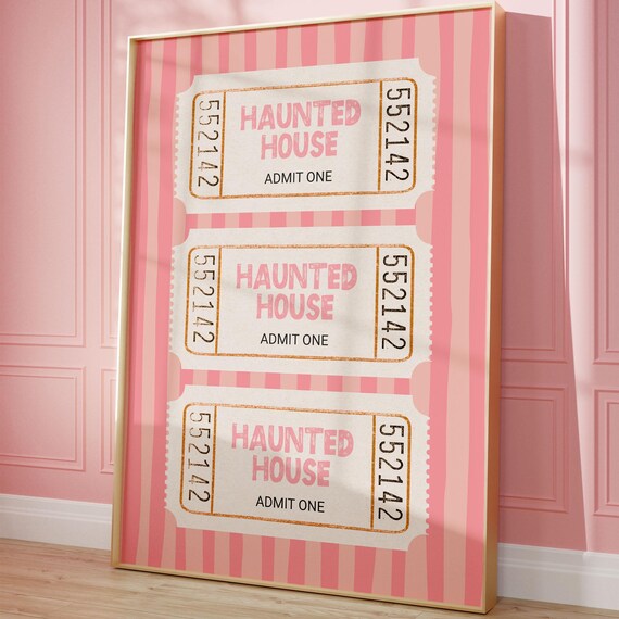 Haunted House Ticket Print Halloween Trendy Wall Art Cute Pink Seasonal Dorm Room Decor College Apartment