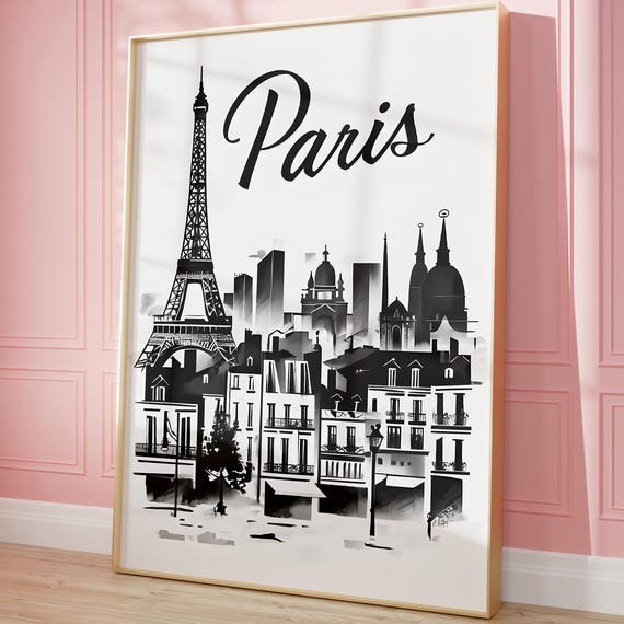 Paris France Eiffel Tower Skyline Black White Chic Wall Poster