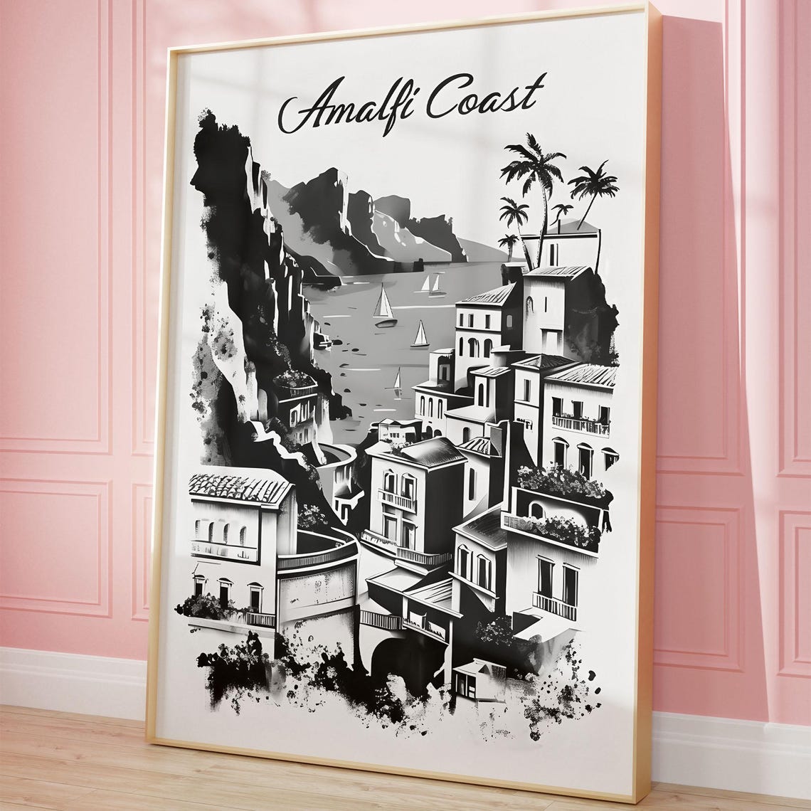 Amalfi Coast Black And White Ink Sketch Italian Coastal Town Poster