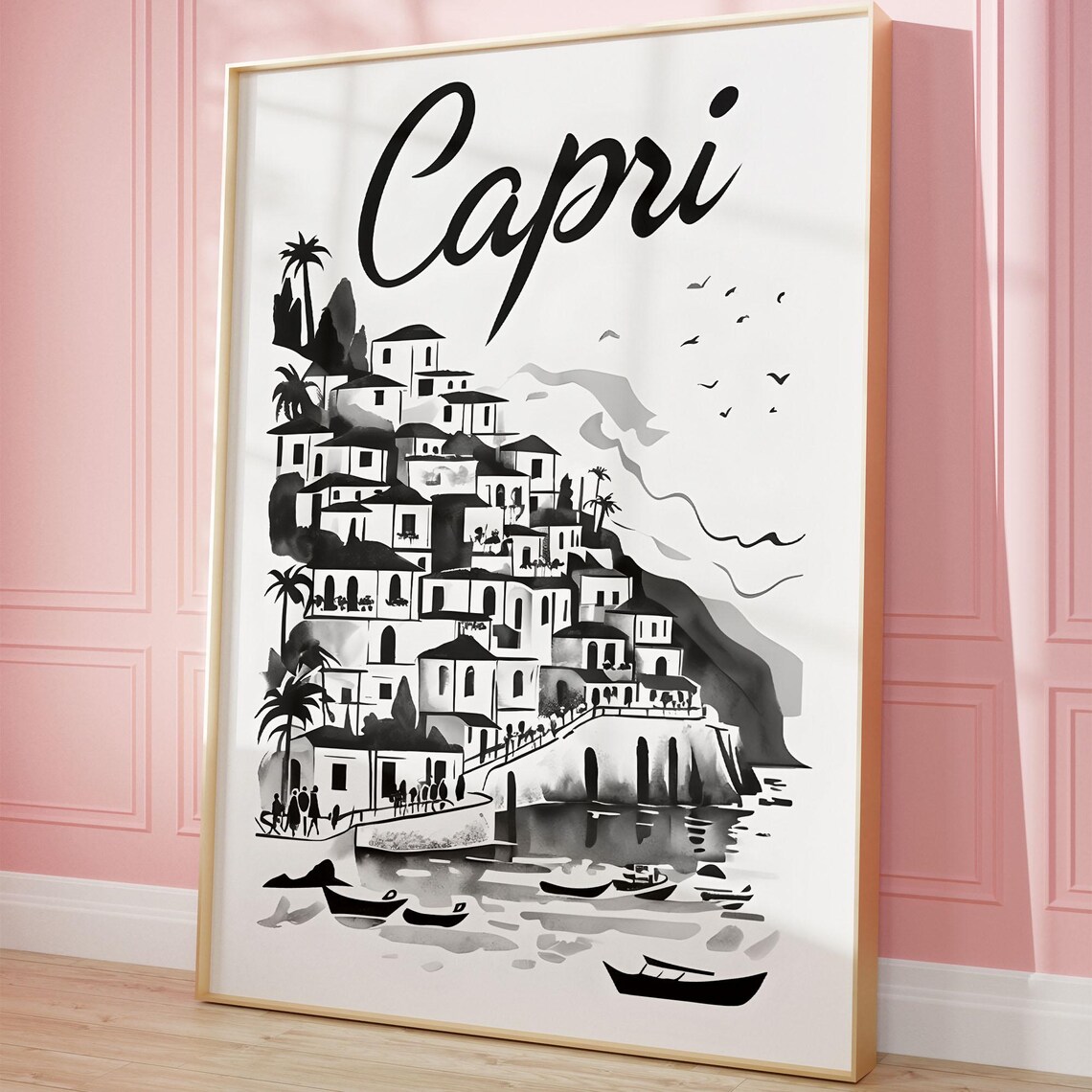 Capri Italy Retro Travel Poster, Cityscape Sketch