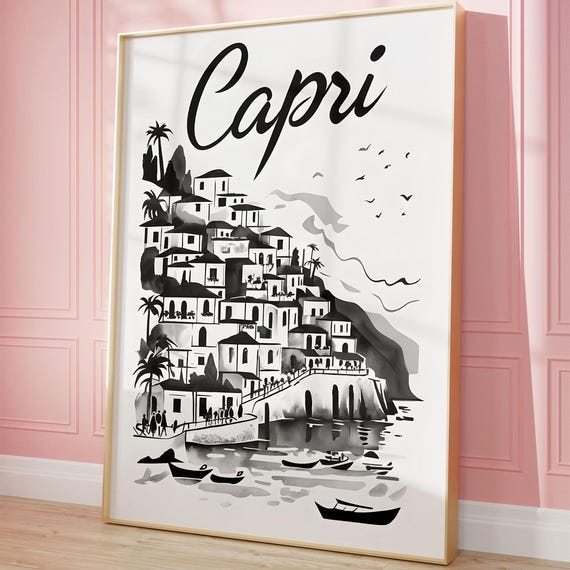 Capri Italy Retro Travel Poster, Cityscape Sketch