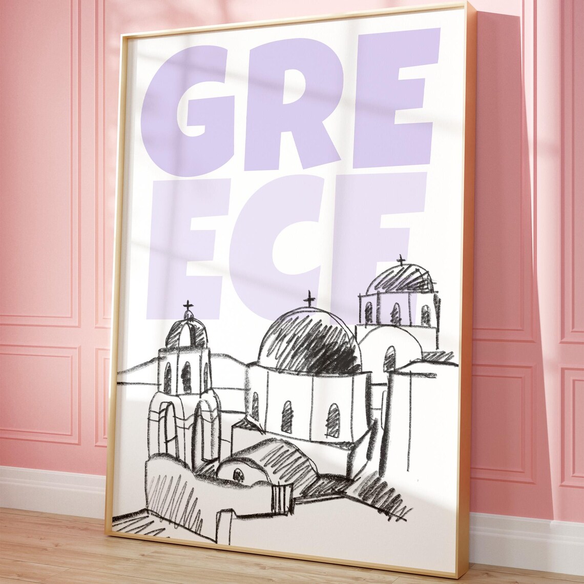 Greece Santorini Churches Sketch Lavender Typography Travel Poster
