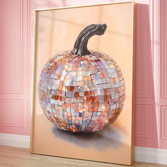 Disco Ball Pumpkin Print Trendy Halloween Wall Art Girly Fall Dorm Room Decor College Apartment Maximalist