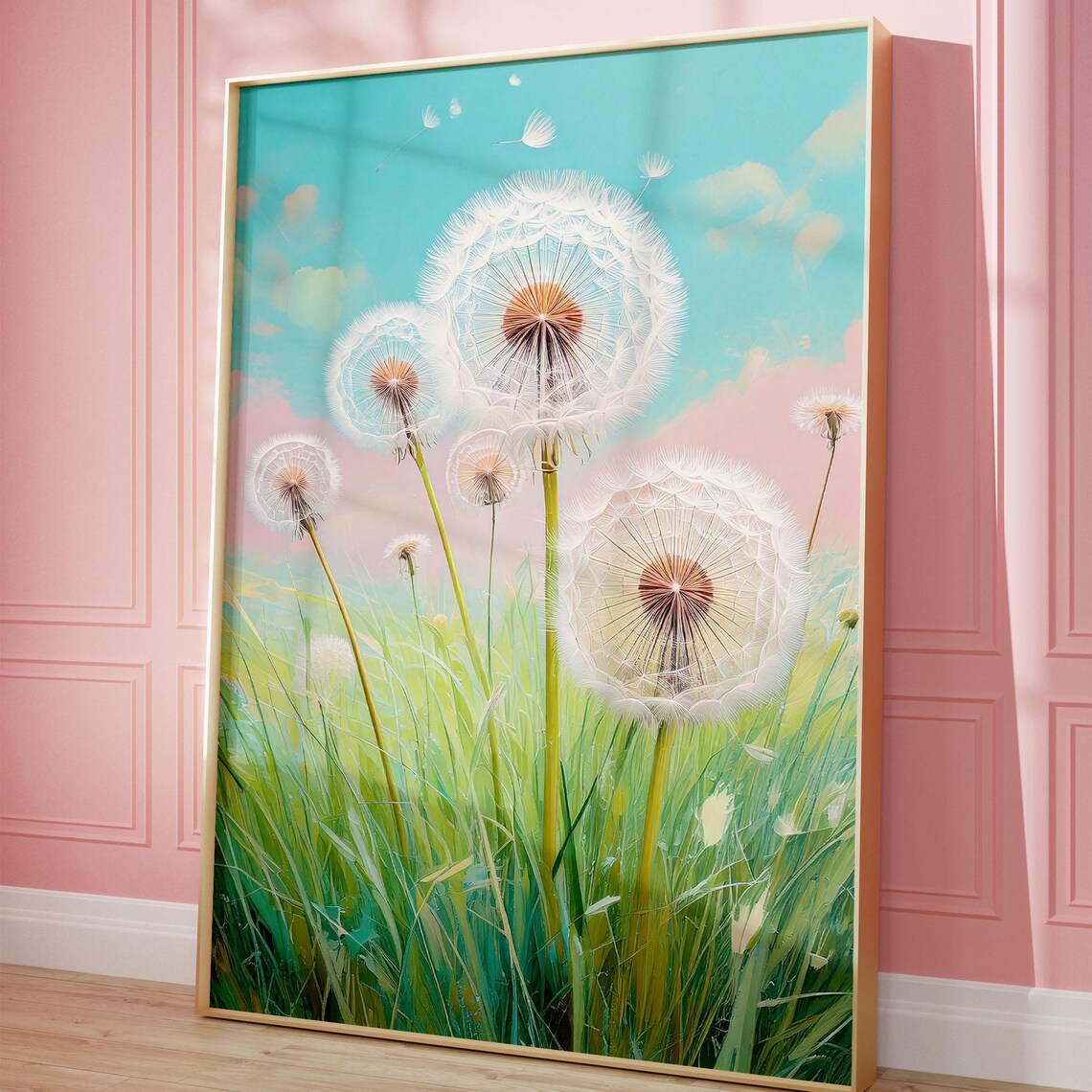 Dandelion Seed Heads Pastel Sky Dreamy Botanical Nature Art Print