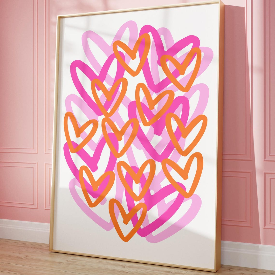 Pink Orange Doodle Hearts Overlapping Trendy Preppy Wall Poster