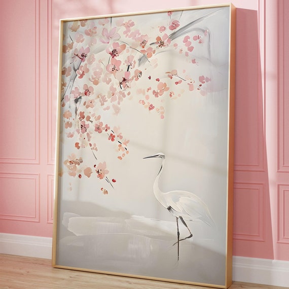 Crane Japandi Wall Art Japanese Painting Antique Wabi Sabi Neutral Decor Nature Print