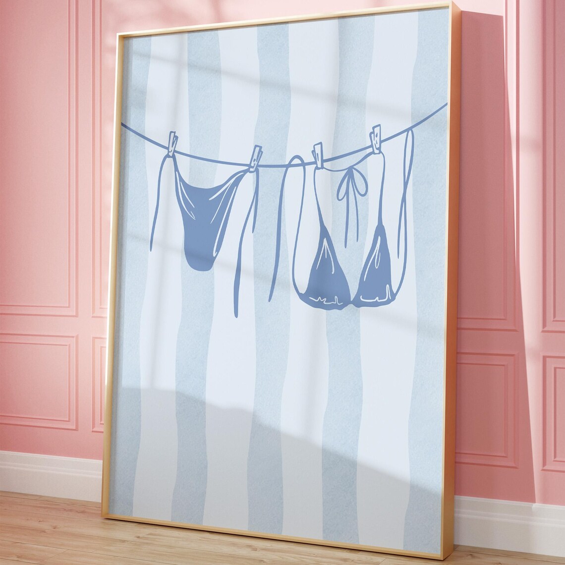 Blue Bikini Clothesline Coastal Summer Girly Preppy Art Poster