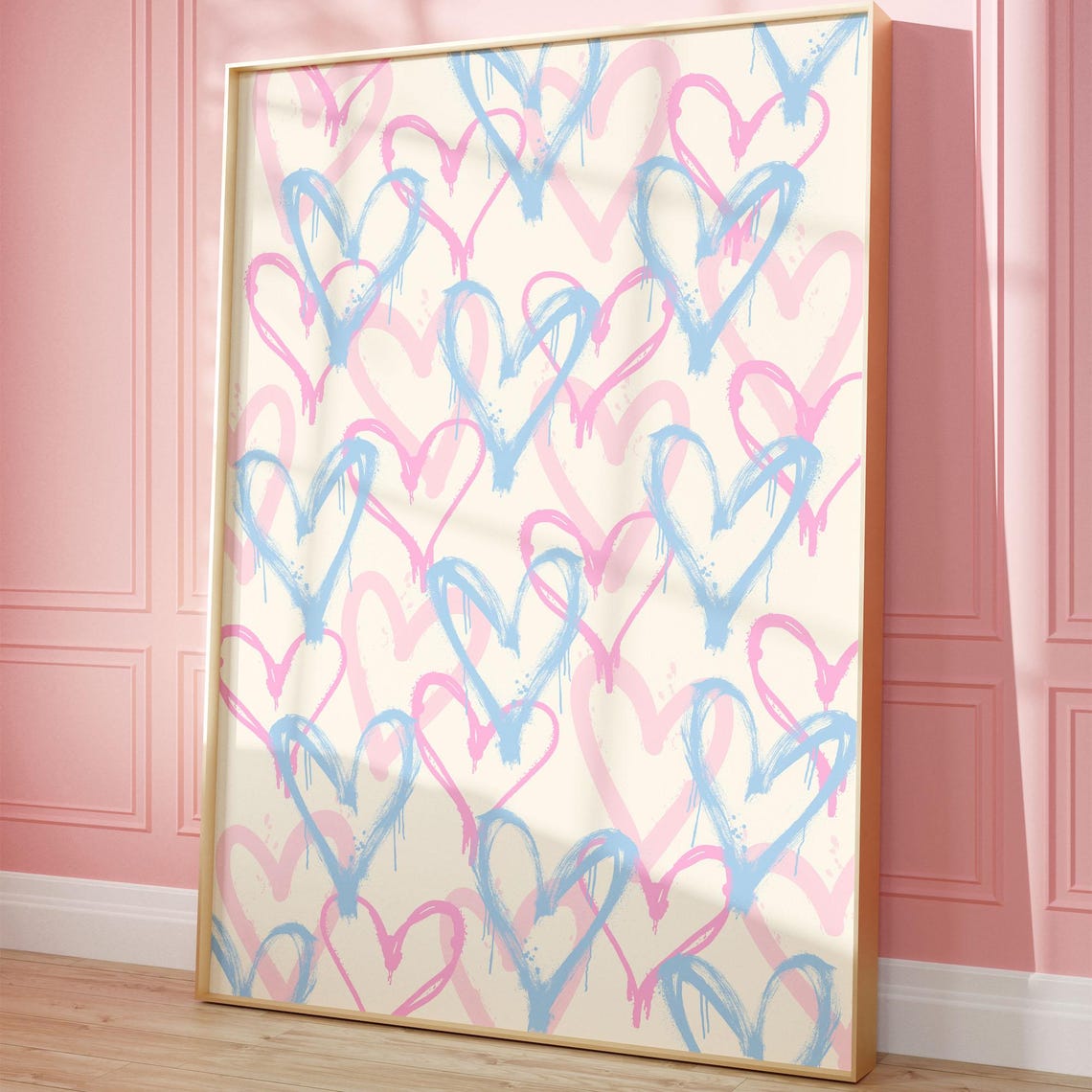 Pink Blue Graffiti Hearts Print Trendy Wall Art Girly Dorm Room Decor College Apartment Abstract Poster
