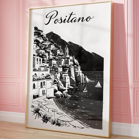 Positano Travel Poster Retro Italy Print Black White Trendy Wall Art Hand Drawn Cityscape Sketch Dorm Room Decor