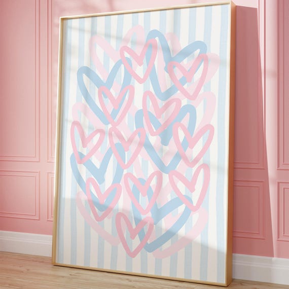 Pink Blue Preppy Hearts Print Trendy Wall Art Girly Dorm Room Decor College Apartment Abstract