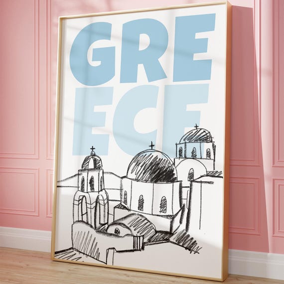 Greece Travel Poster Trendy Retro Blue Typography Greek Cityscape Sketch Girly Dorm Room Decor Apartment