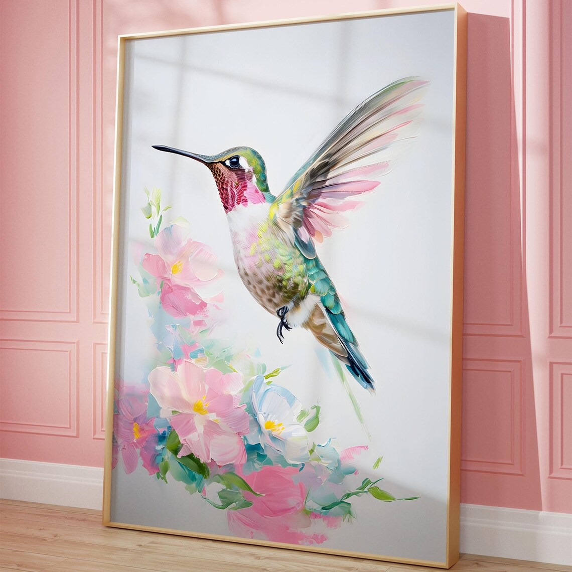 Pastel Hummingbird Watercolor Spring Flowers Bird Illustration Poster