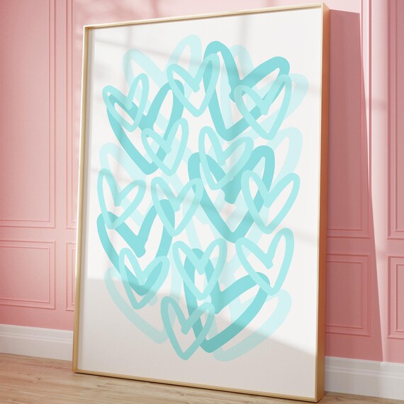 Teal Preppy Hearts Print Trendy Wall Art Cute Girly Dorm Room Decor College Apartment Abstract