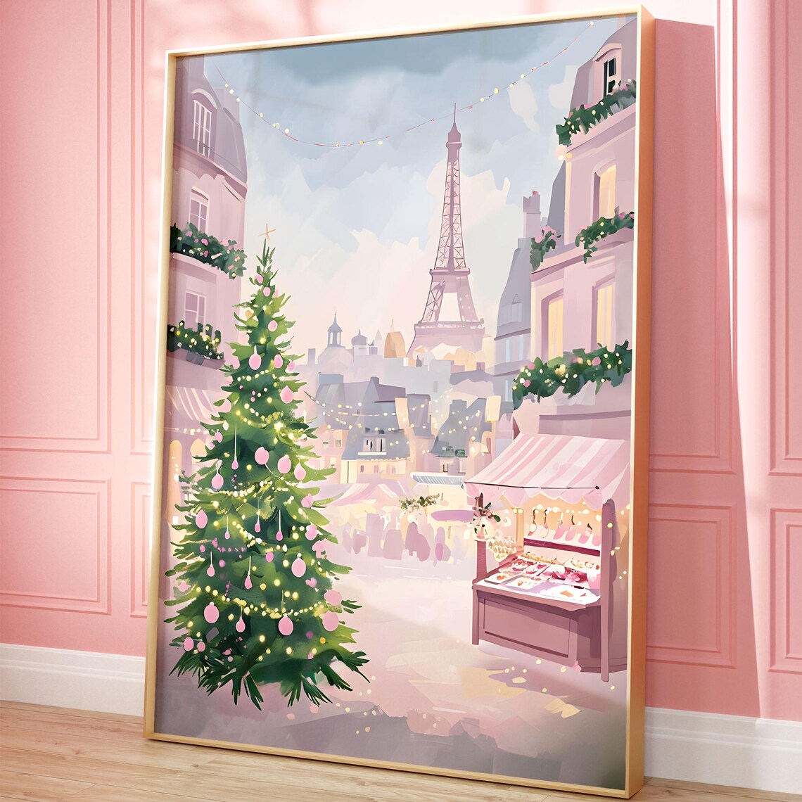 Christmas in Paris Pink Eiffel Tower Holiday Market Cute Travel Poster