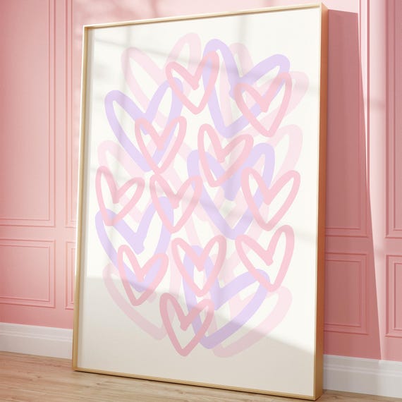 Pink Purple Preppy Hearts Print Trendy Wall Art Girly Dorm Room Decor College Apartment Abstract