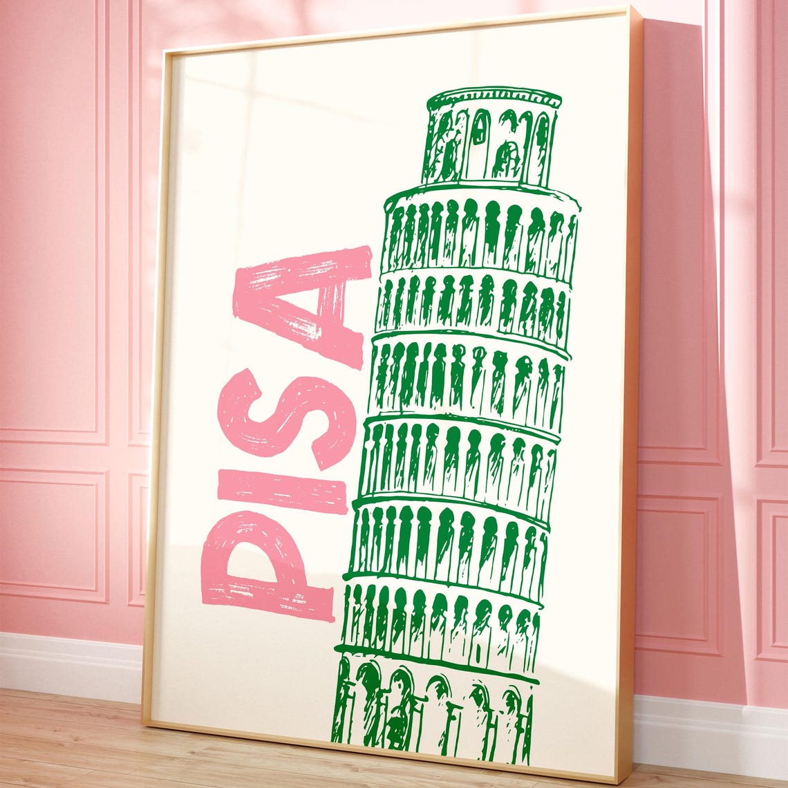 Pisa Italy Leaning Tower Pink Green Hand Drawn Retro Travel Poster