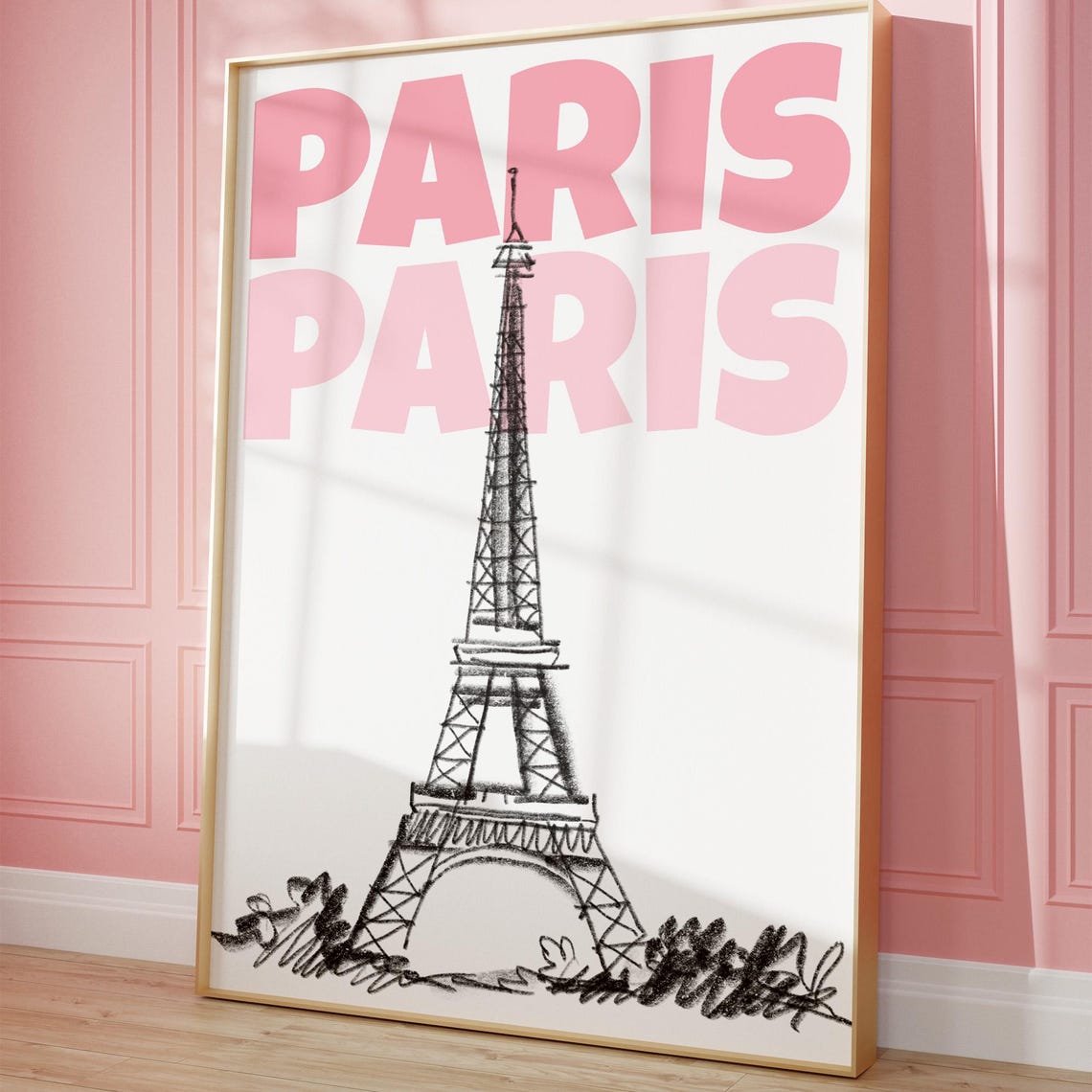 Paris Eiffel Tower Pink Typography Retro Travel Sketch Art Poster