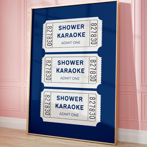 Shower Karaoke Admit One Ticket Stubs Navy Blue Funny Wall Poster