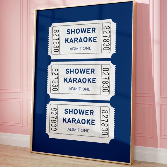Shower Karaoke Ticket Print Navy Blue Funny Bathroom Poster Retro Vintage Dorm Room Decor Singing Quirky Wall Art
