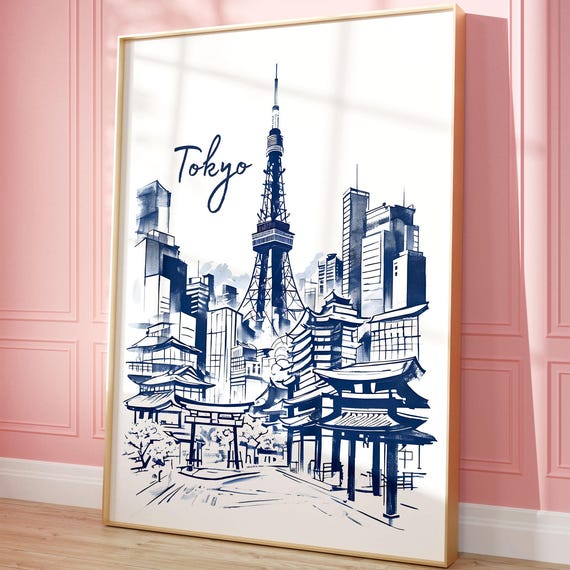 Tokyo Japan Tokyo Tower Temples Navy Blue Retro Travel Poster