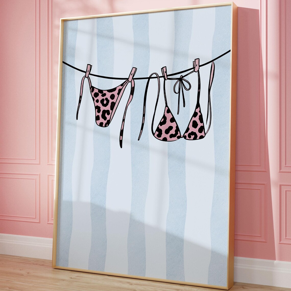 Pink Leopard Bikini on Clothesline Trendy Coastal Swimwear Wall Art