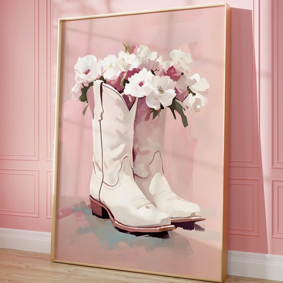White Cowgirl Boots with Flowers Pastel Pink Western Art Poster